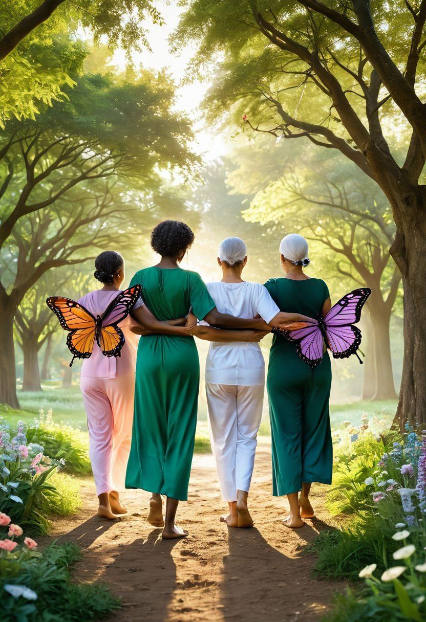 A serene landscape symbolizing hope and resilience, featuring a diverse group of cancer survivors embracing each other in a lush green park. In the background, a soft sunrise illuminates a path that winds through trees, representing the journey of recovery and empowerment. Include uplifting elements like butterflies and blooming flowers to reflect wellness and growth. super-realistic. vibrant colors. soft focus.