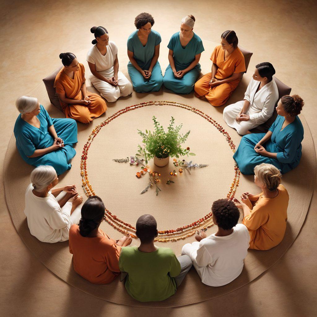 A serene and supportive environment depicting a diverse group of people in a circle, sharing stories and encouragement related to oncological health. Include elements symbolizing alternative therapies, like herbal remedies and meditation tools, subtly integrated into the background. The atmosphere should feel warm and uplifting, with soft lighting and gentle colors that evoke hope and community. super-realistic. vibrant colors. soft focus.
