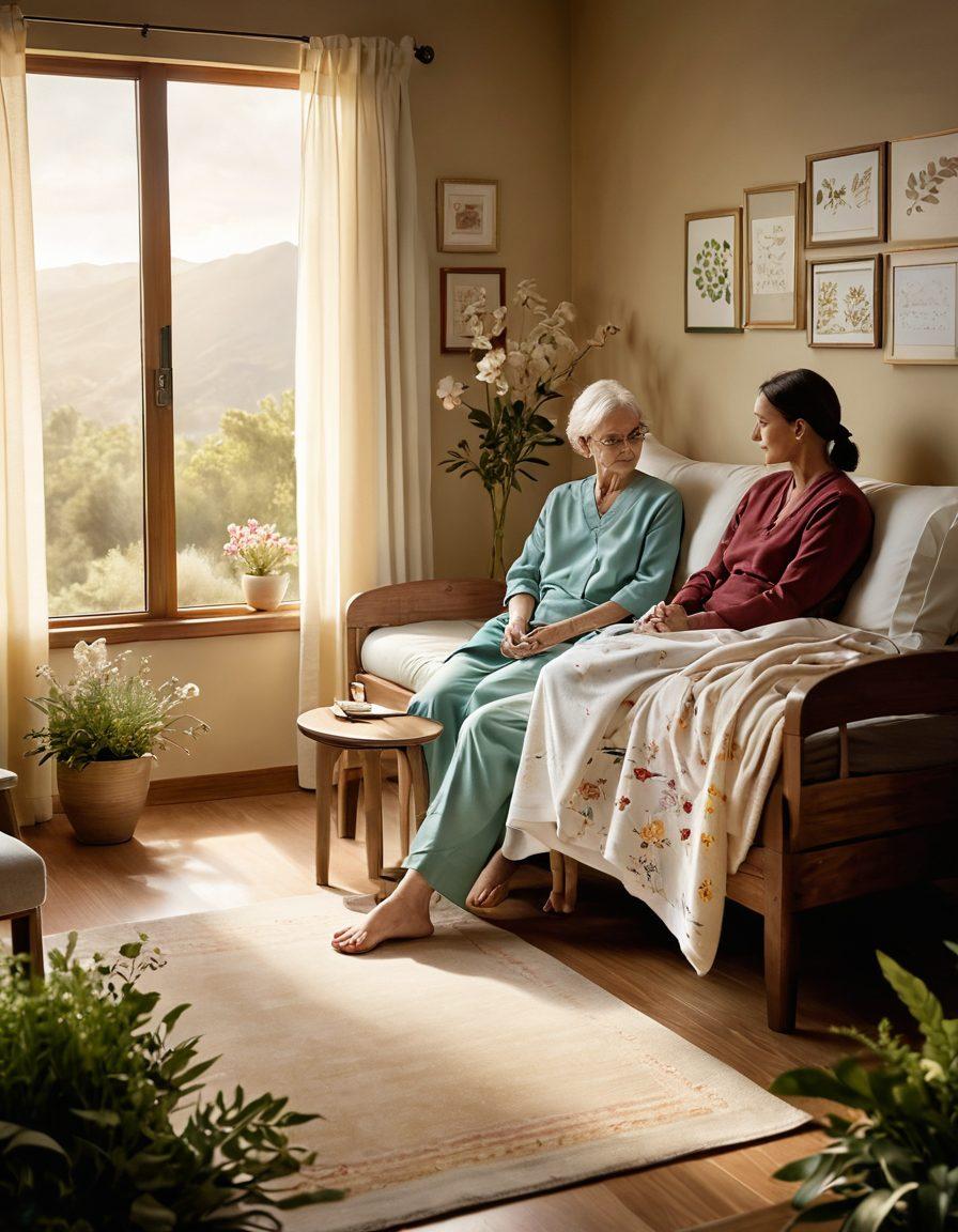 A serene landscape depicting a journey from a clinical trial environment, featuring researchers and patients in conversation, to a tranquil palliative care setting with gentle hands providing comfort. The scene transitions smoothly, symbolizing hope and healing, with soft lighting and a warm color palette to evoke a sense of compassion. Include elements like a stethoscope and medical charts blending into comforting symbols like flowers and cozy blankets. super-realistic. soft lighting. vibrant colors.